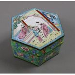 A Canton enamel hexagonal box. 10.5 cm wide.