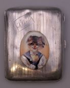 A silver cigarette case depicting a cat. 8 cm high. 71.2 grammes total weight.