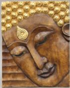 A carved painted wooden panel depicting Buddha. 51 x 40 cm.