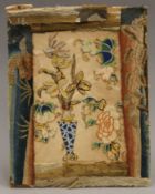 Chinese silk embroidered panels depicting flowers, stuck onto a board, unframed. 27.5 x 35 cm.