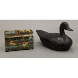 A Kashmiri papier mache box and another formed as a duck. The former 12 cm wide.
