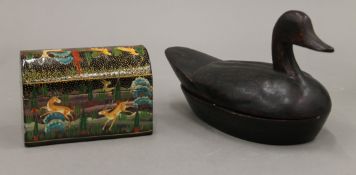 A Kashmiri papier mache box and another formed as a duck. The former 12 cm wide.