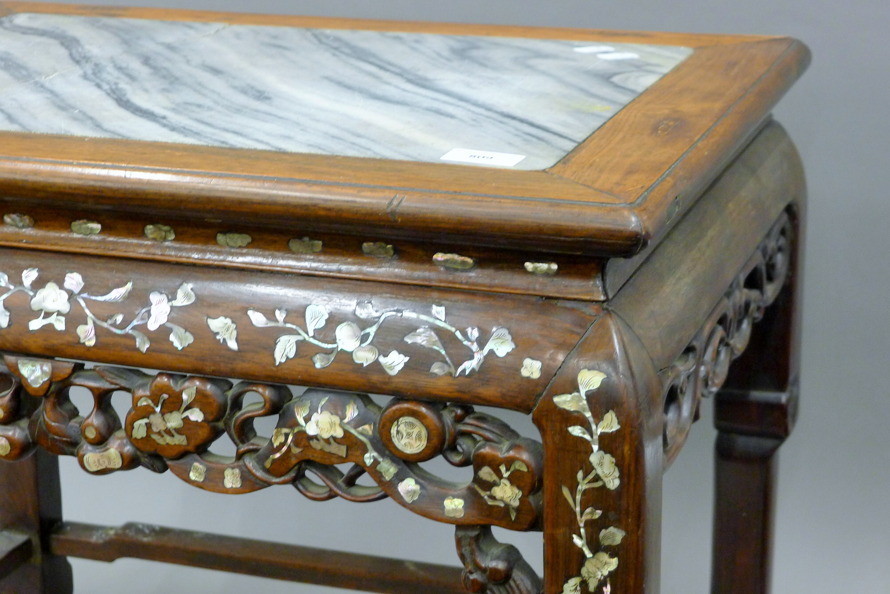 A 19th century Chinese mother-of-pearl inlaid marble topped low table (adapted from a chair). 62. - Image 2 of 8