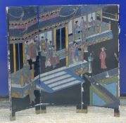 A small Chinese three section lacquered screen. 106.5 cm high.