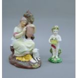 A late 18th century porcelain figure of a putto and a Walton type figure of a maiden holding an urn