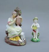 A late 18th century porcelain figure of a putto and a Walton type figure of a maiden holding an urn