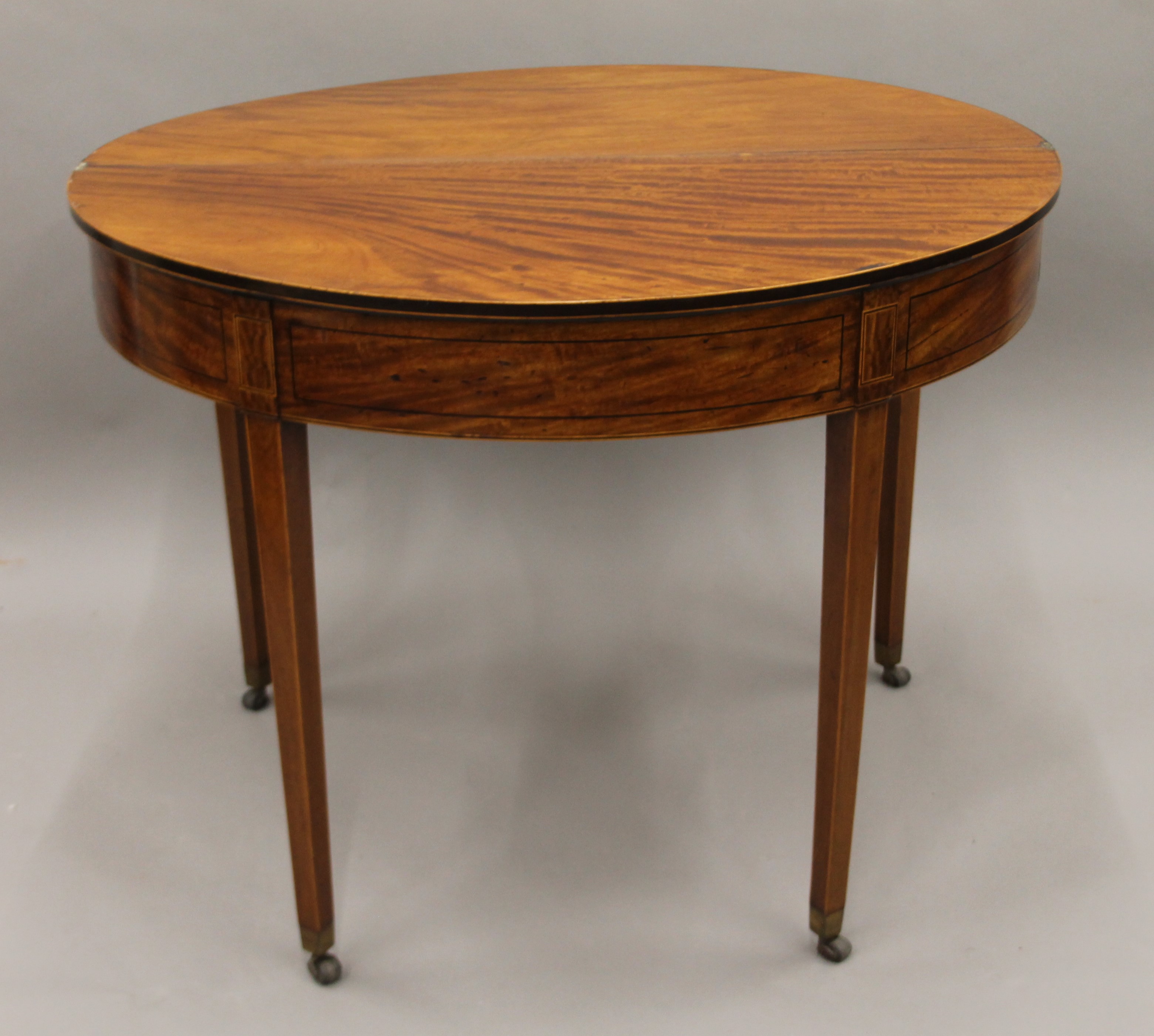 A Georgian satinwood crossbanded sabicu demi lune tea table. 98 cm wide. - Image 3 of 5