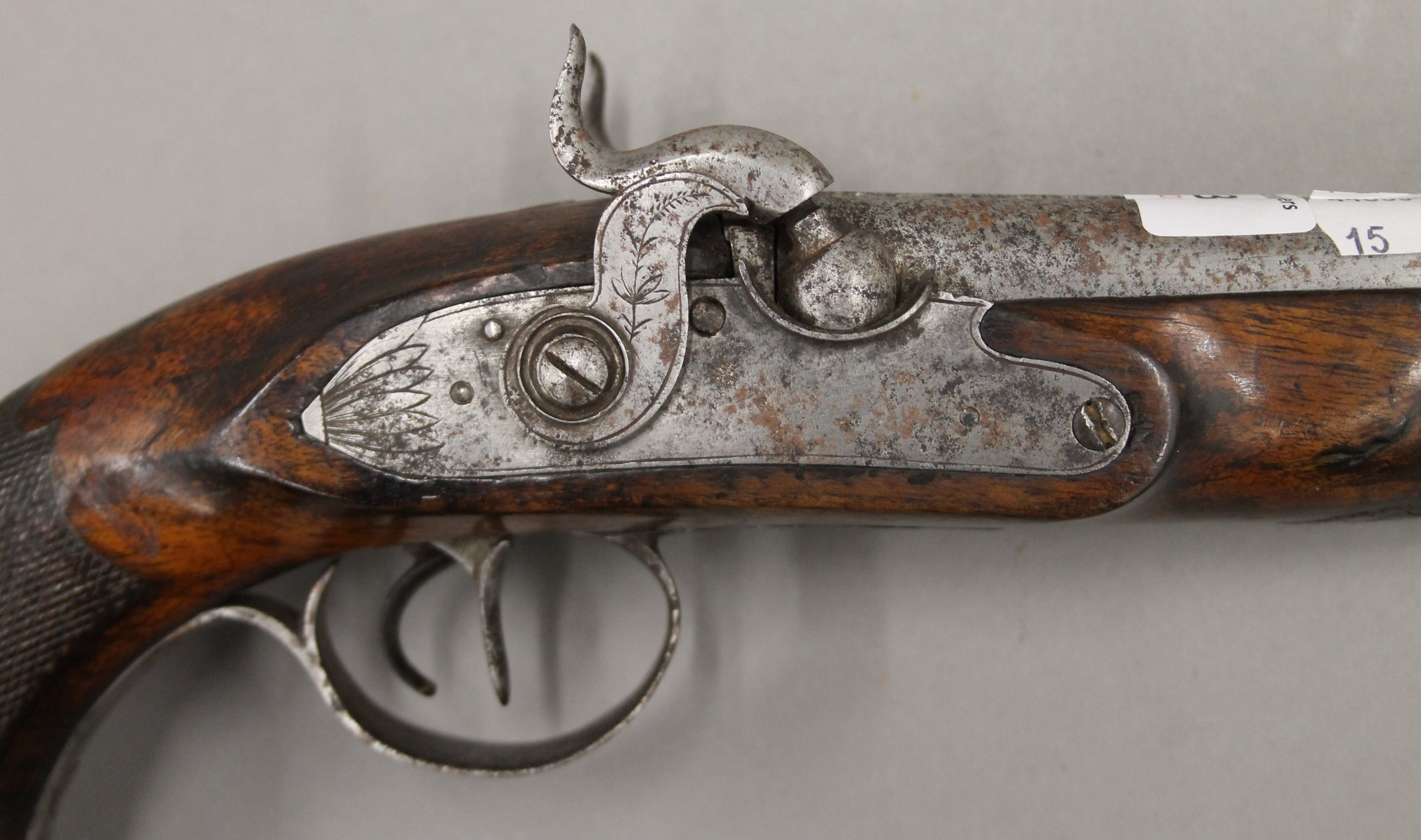 A 19th century double barrel percussion pistol. 31 cm long. - Image 3 of 6