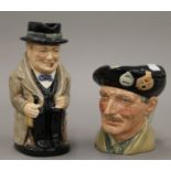 Two Royal Doulton character jugs, Sir Winston Churchill and Monty. The former 22 cm high.