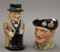 Two Royal Doulton character jugs, Sir Winston Churchill and Monty. The former 22 cm high.