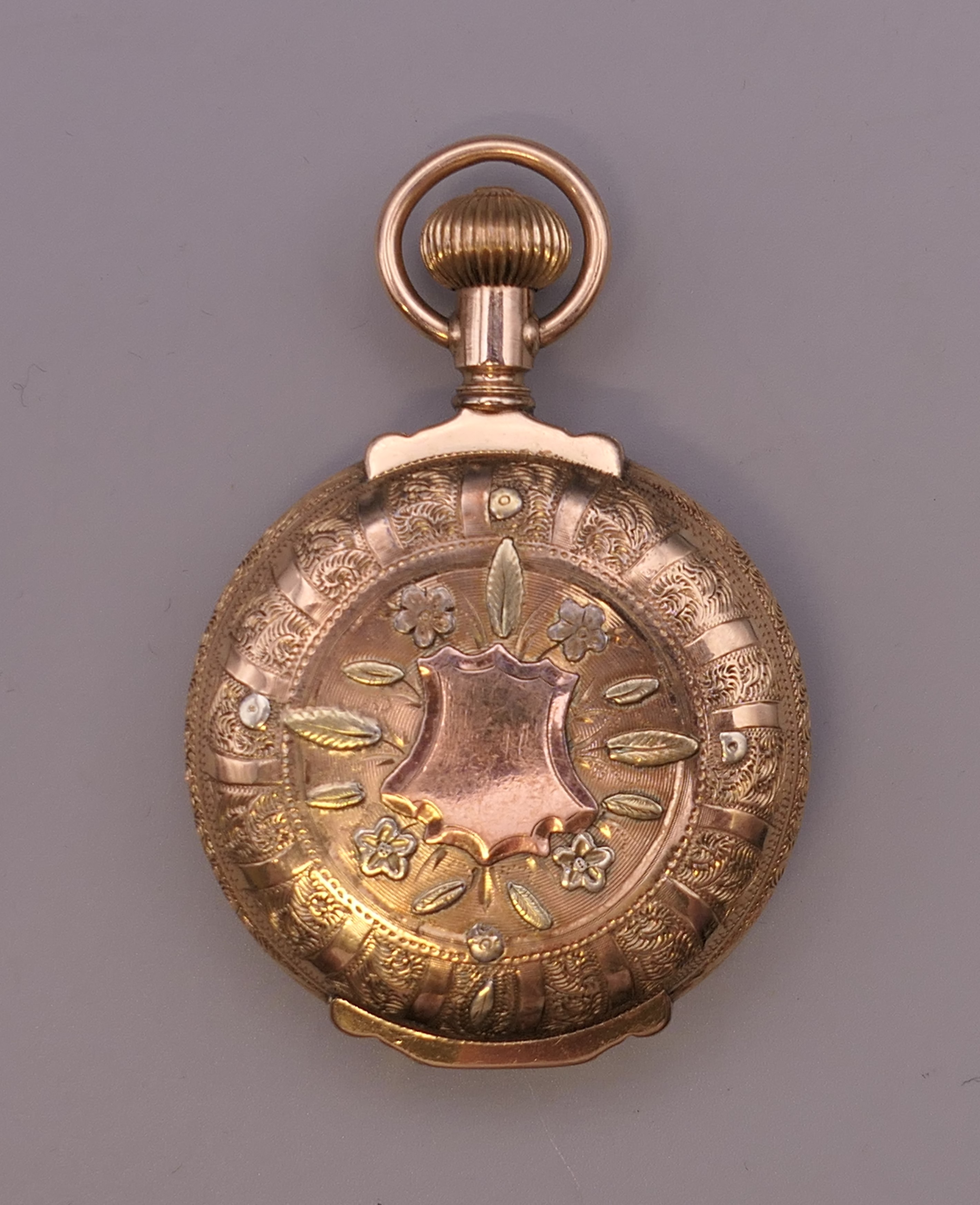 A 14 ct gold multi colour pocket watch. 4 cm wide. - Image 3 of 10