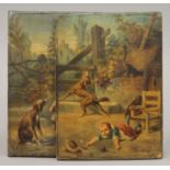 Children with Dogs, a pair of overpainted prints laid on wood panels, signed DAVID COL. 16 x 22 cm.