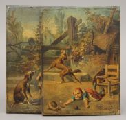 Children with Dogs, a pair of overpainted prints laid on wood panels, signed DAVID COL. 16 x 22 cm.