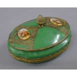A French metal mounted green porcelain dressing table box. 20 cm wide.