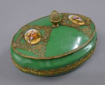 A French metal mounted green porcelain dressing table box. 20 cm wide.