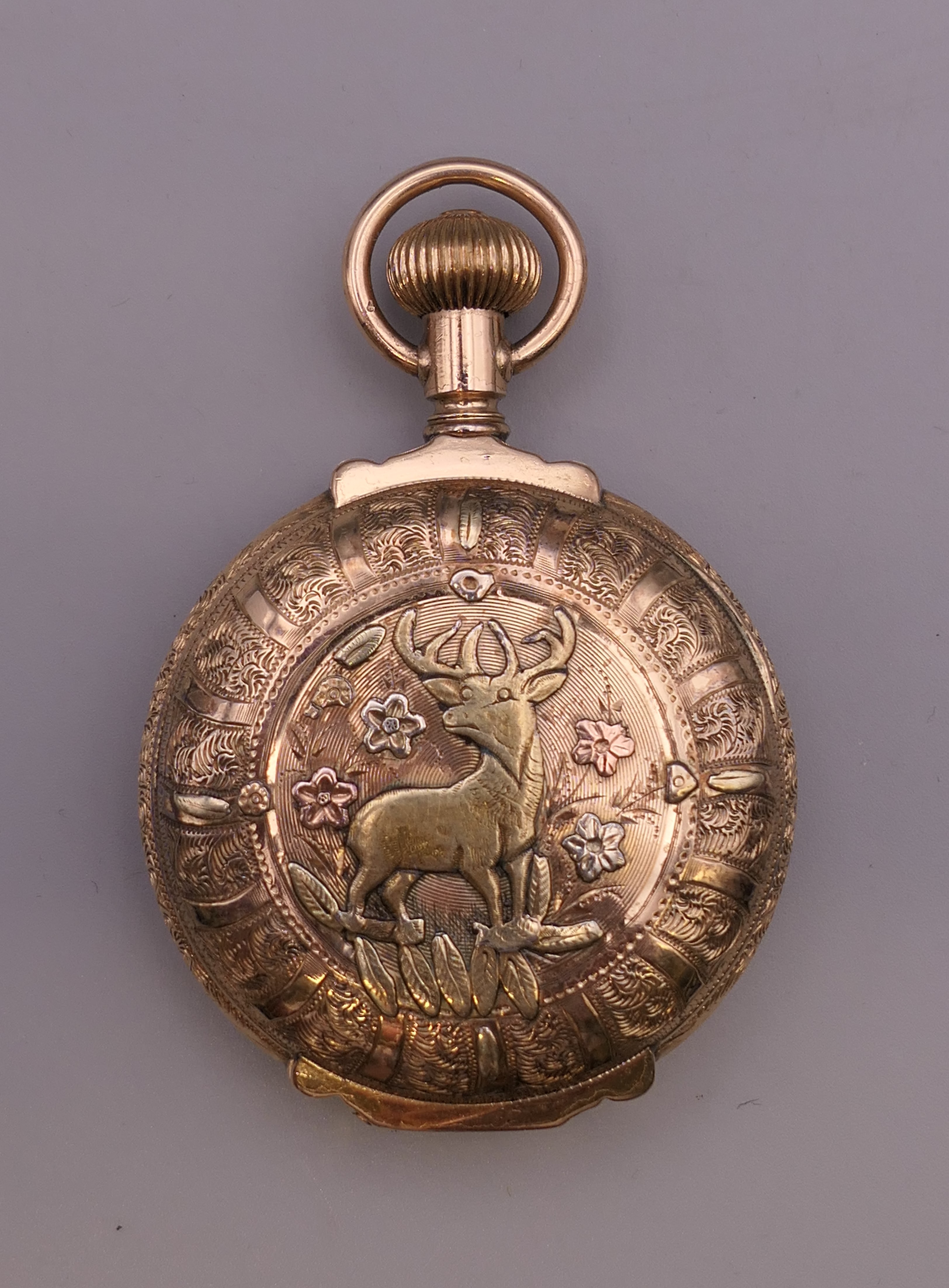 A 14 ct gold multi colour pocket watch. 4 cm wide. - Image 2 of 10