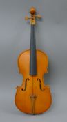 A 3/4 violin and bow in case.
