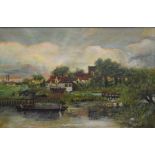 R G SKILLITOE, Riverside Village, oil on canvas, framed. 74.5 x 48.5 cm.