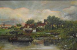 R G SKILLITOE, Riverside Village, oil on canvas, framed. 74.5 x 48.5 cm.