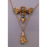 A Victorian unmarked high ct gold turquoise, pearl and diamond pendant necklace. 41 cm long. 13.