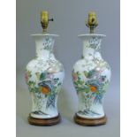 A pair of Chinese Republican porcelain vases, fitted as lamps. 49 cm high overall.
