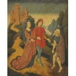 An antique oil on panel of a Medieval Couple and a Beggar before a Castle, framed. 19.75 x 25 cm.