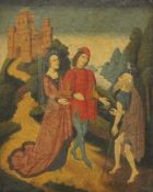An antique oil on panel of a Medieval Couple and a Beggar before a Castle, framed. 19.75 x 25 cm.
