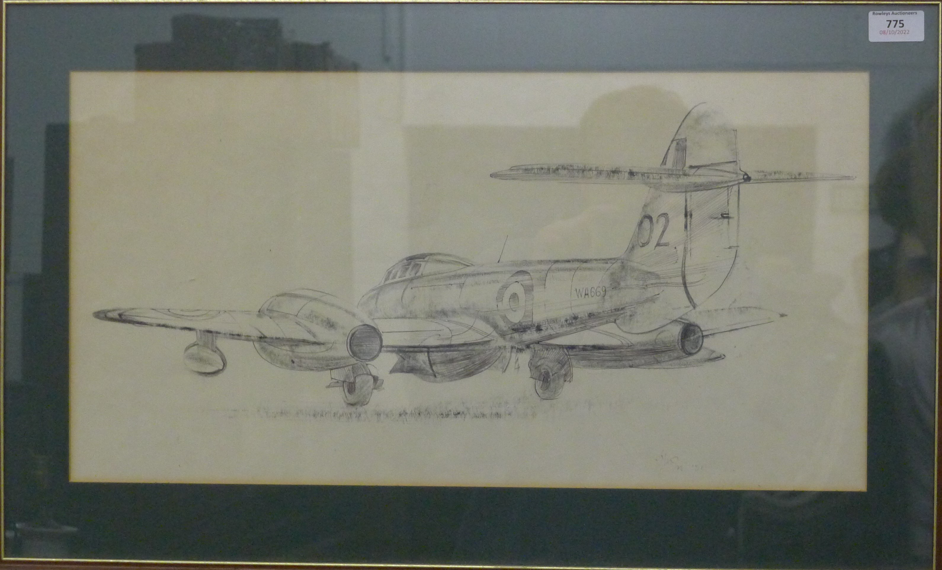 Gloster Meteor, pencil sketch, framed and glazed. 56 x 28.5 cm. - Image 2 of 3