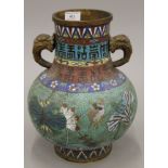 A Chinese cloisonne vase with gilt brass animalia twin handles,