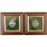 Two WWI English metal Tank Corps cap badges, each framed and glazed. Each 13 x 13 cm overall.