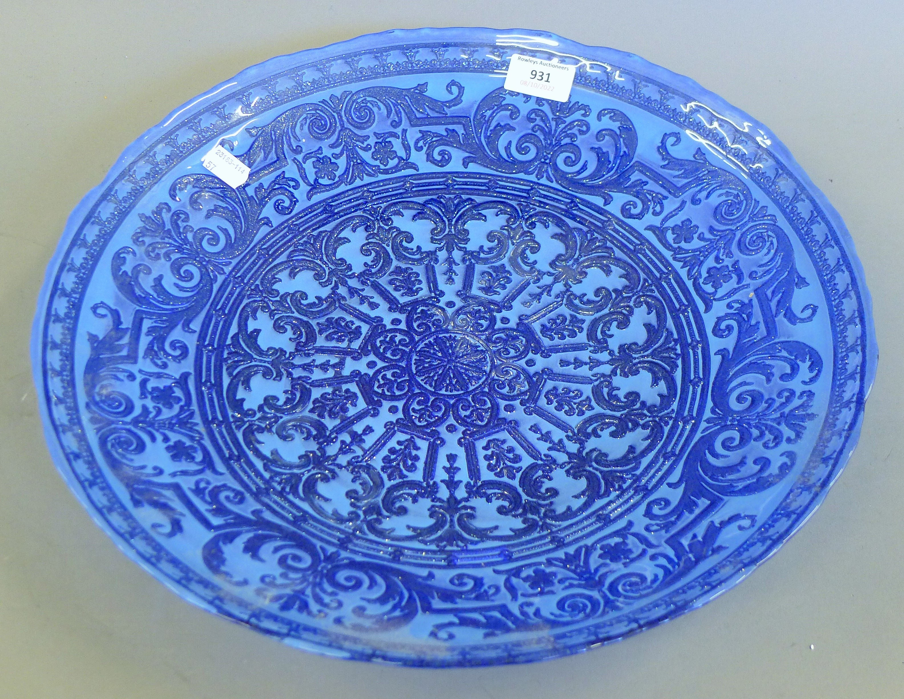 A Turkish blue glass bowl. 39.5 cm diameter.