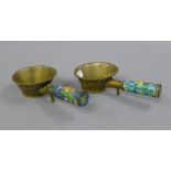 A pair of Chinese enamel handled silk irons. 18 cm long.