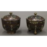 A pair of 19th century brass and enamel lidded pots. 9.5 cm high.