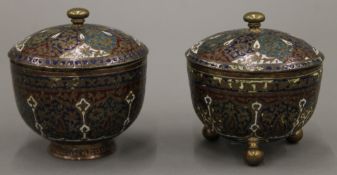 A pair of 19th century brass and enamel lidded pots. 9.5 cm high.