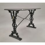 A Victorian cast iron wooden top pub table. 105 cm long.