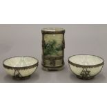 A Chinese carved brush pot and a pair of Chinese bowls, all with white metal mounts. The former 13.