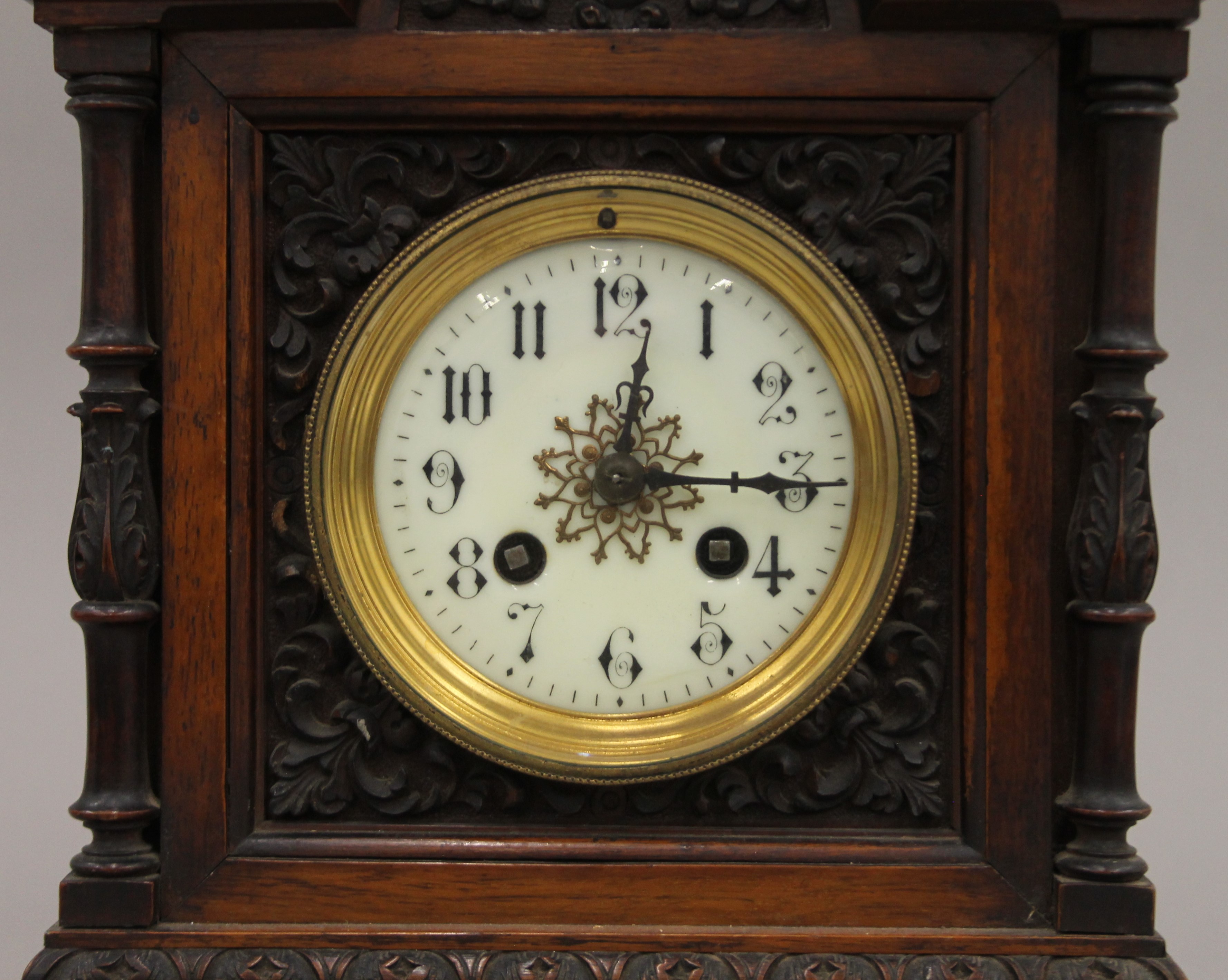 A Victorian walnut mantle clock. 36 cm high. - Image 3 of 8