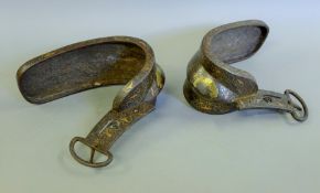 A pair of antique Chinese mixed metal inlaid iron stirrups. Each 29 cm long.