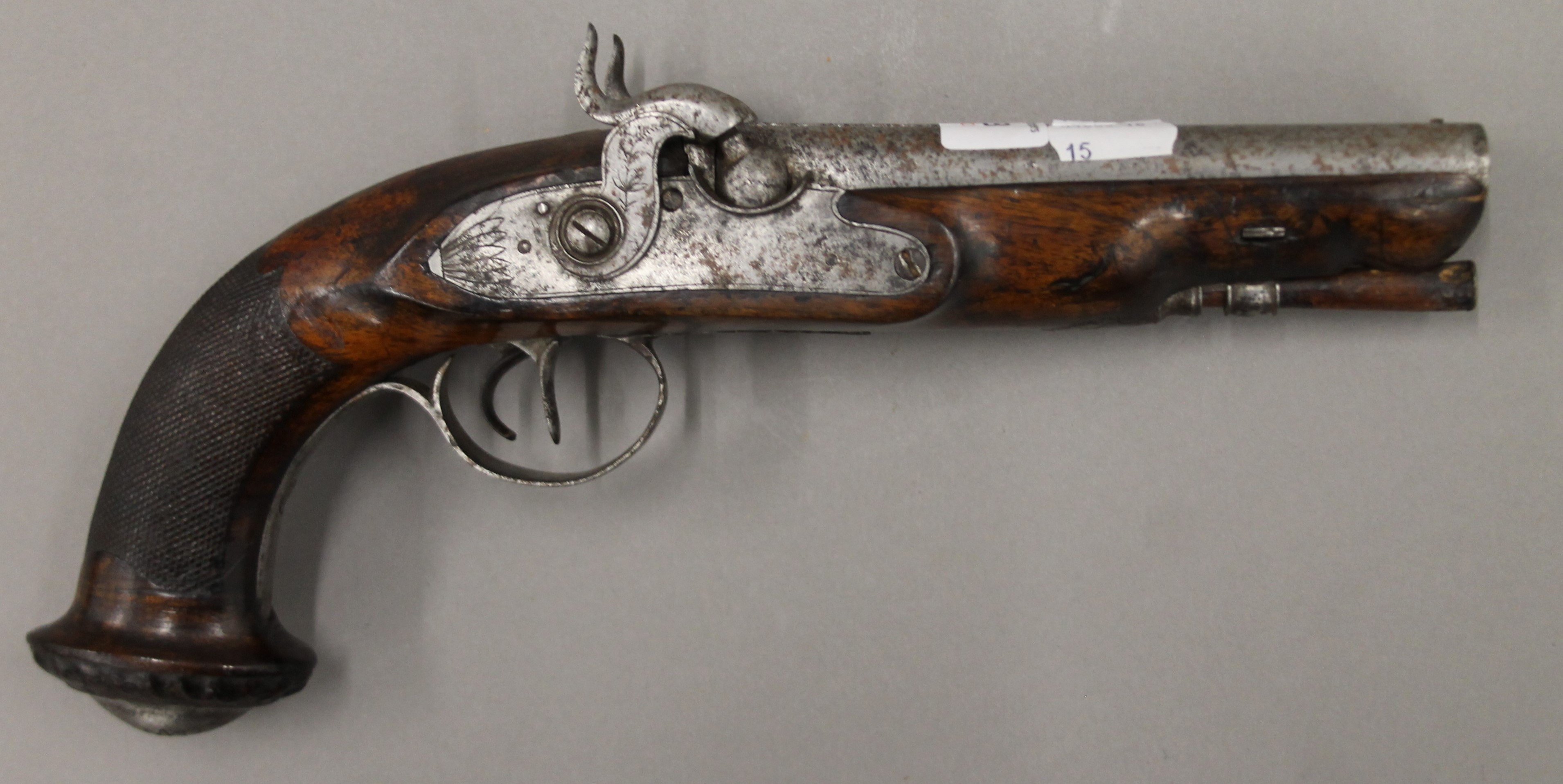 A 19th century double barrel percussion pistol. 31 cm long. - Image 2 of 6