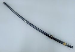 A 20th century Japanese Nodachi sword, with additional blade to handle, in painted wooden scabbard.