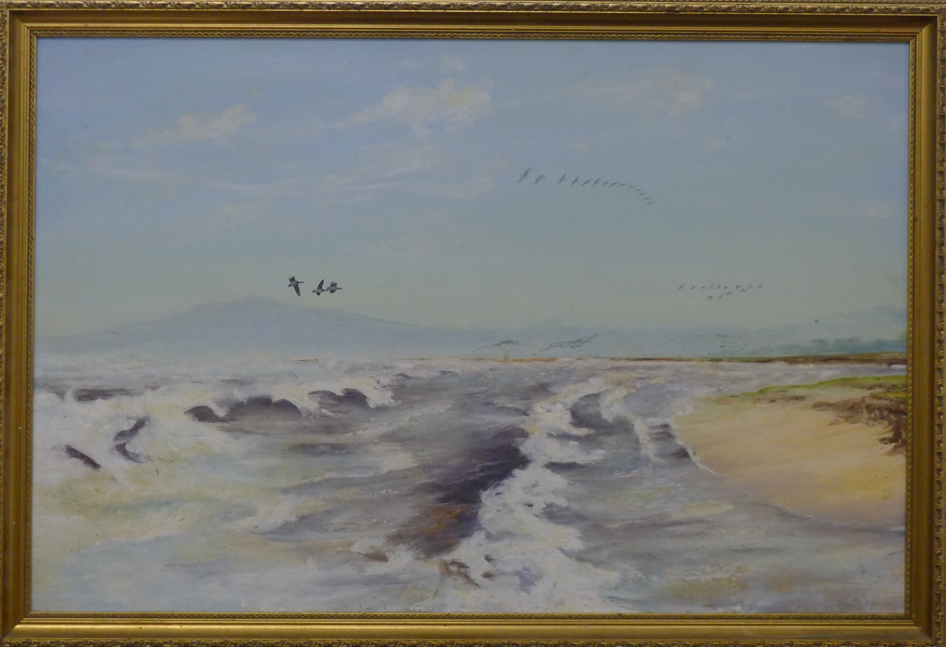 JANE E HARE, Wild Geese in Flight, oil on board, framed. 91 x 59 cm. - Image 2 of 3