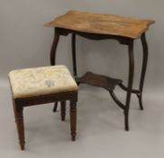 A 19th century mahogany stool and an early 19th century side table. The latter 65.