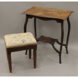 A 19th century mahogany stool and an early 19th century side table. The latter 65.