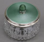 A sage green guilloche enamel silver topped cut glass bowl, hallmarked London 1936. 9 cm high.