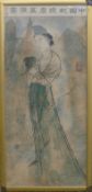 A large Chinese picture of a lady, framed and glazed. 62 x 138.5 cm.