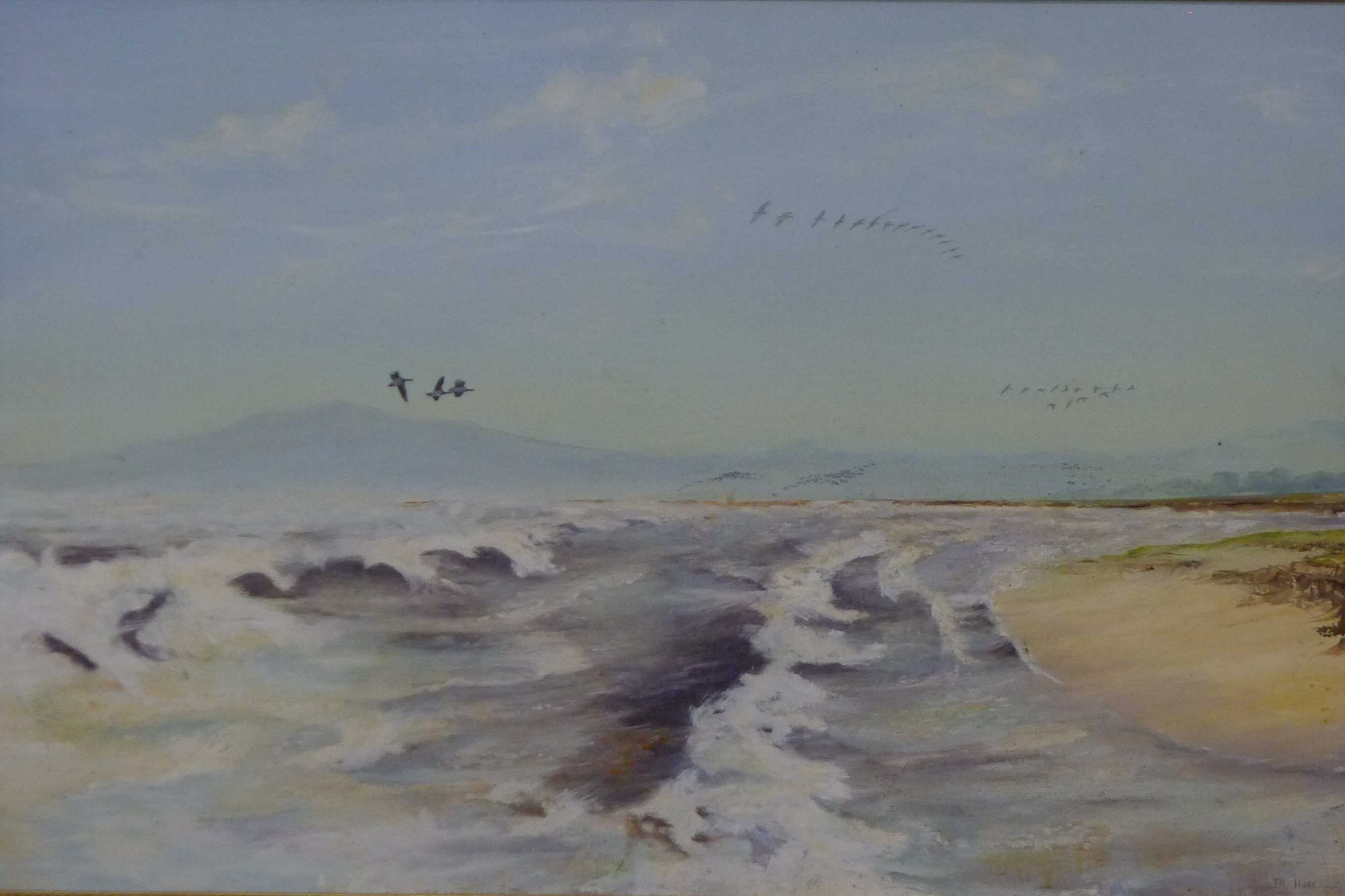 JANE E HARE, Wild Geese in Flight, oil on board, framed. 91 x 59 cm.