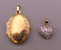 A 9 ct gold locket and a heart pendant. Locket 2.5 cm high. 3 grammes total weight.