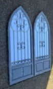 A pair of grey painted arched garden mirrors. 137 cm high.