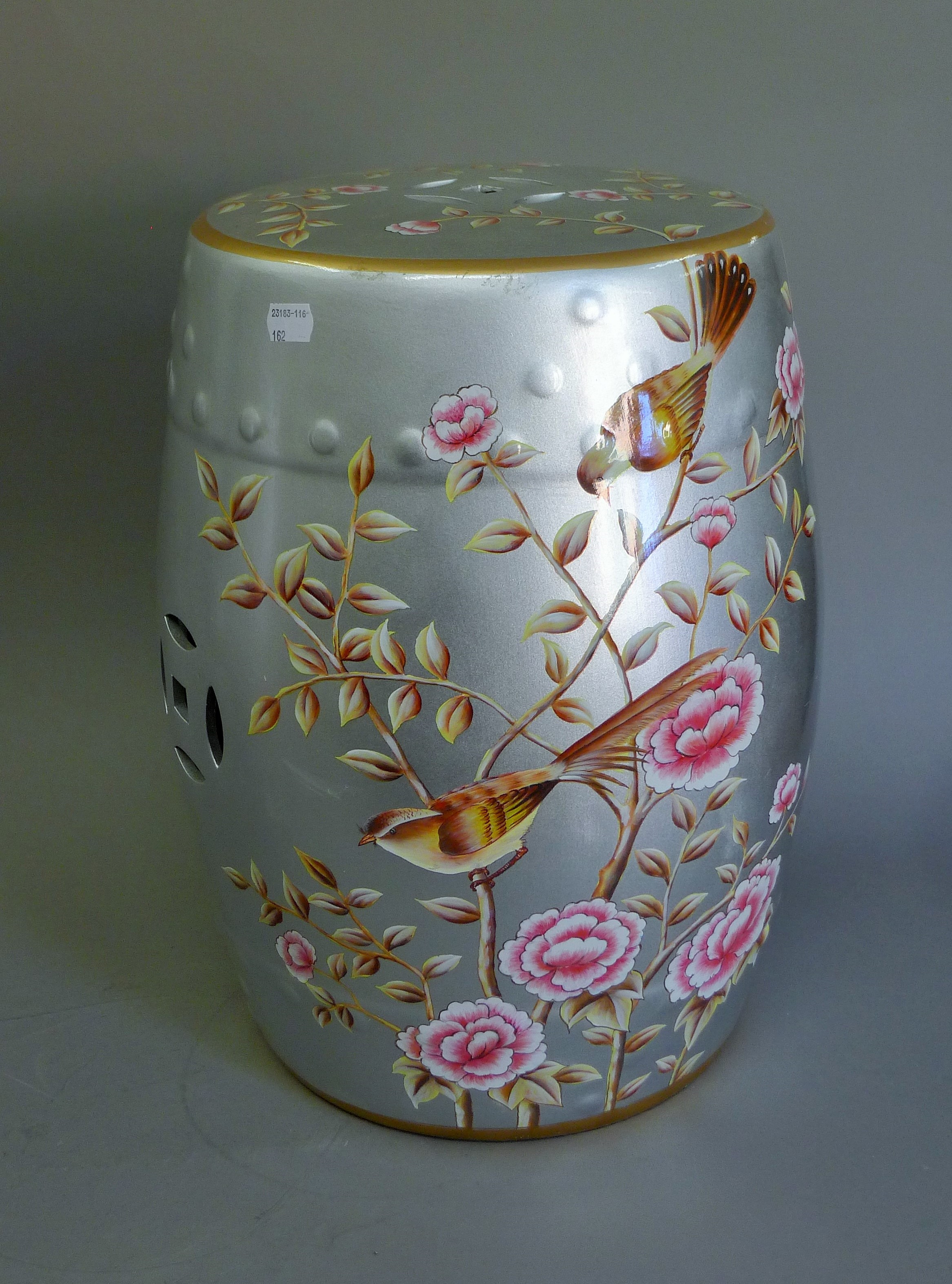 A pair of silvered barrel stools decorated with birds. 45 cm high. - Image 3 of 4