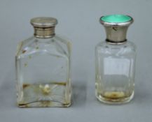 A green enamel and silver top scent bottle, together with another silver top scent bottle.